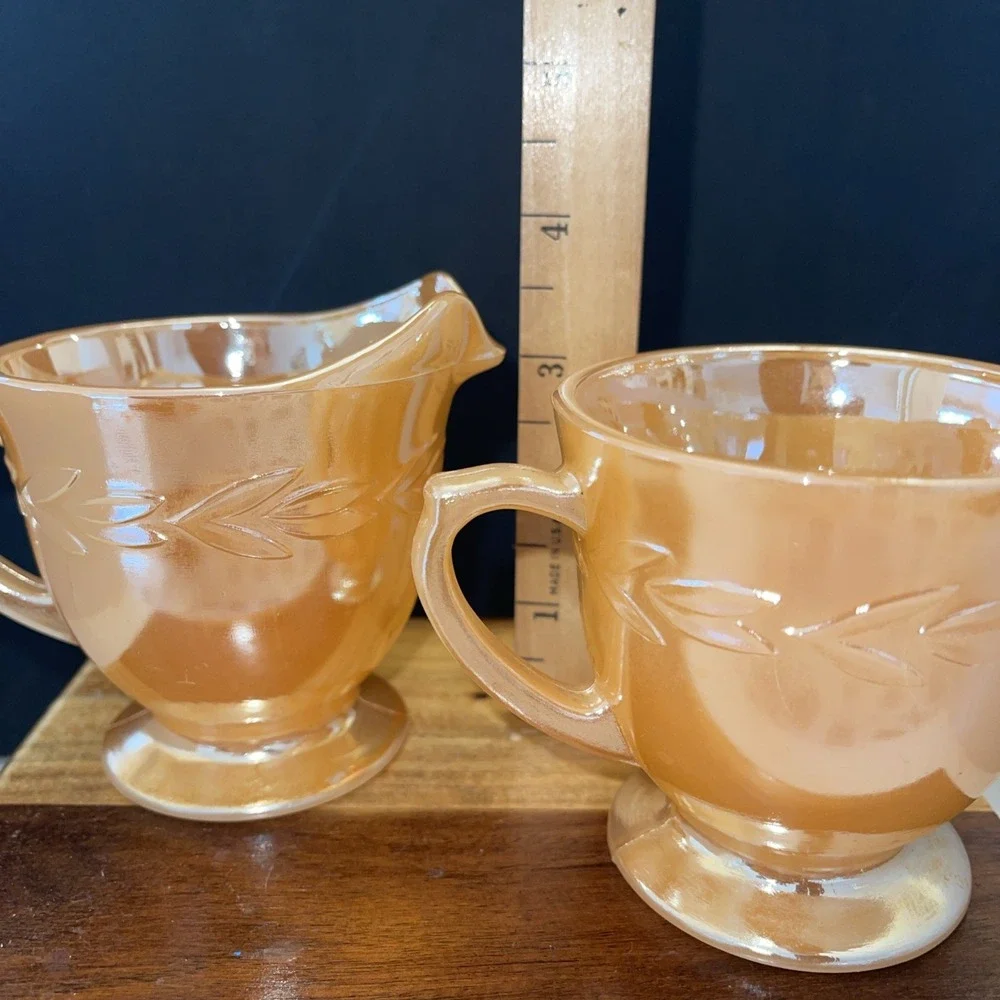Fire King Oven Ware Peach Luster / Laurel Leaf Cream and Sugar Bowl Set Vintage
